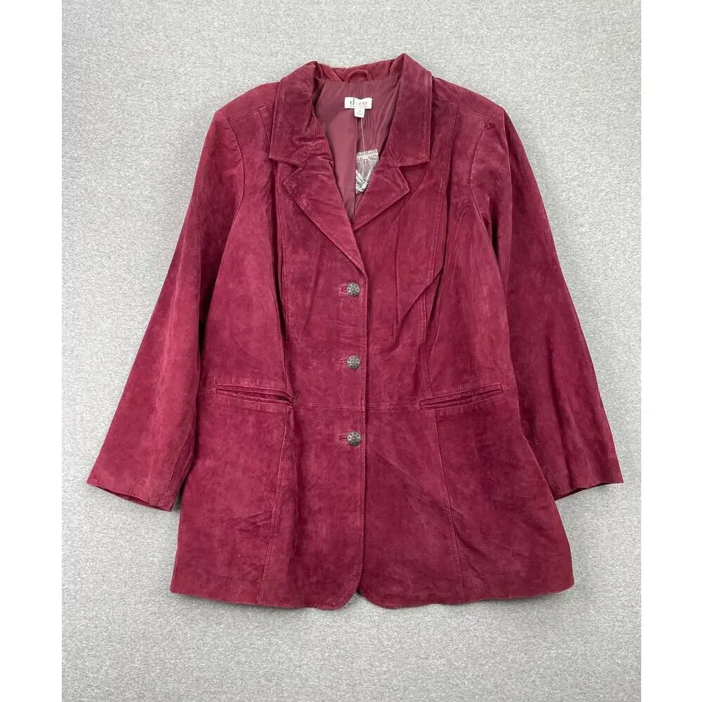 D&Co Suede Leather Blazer Jacket Womens 3X Burgundy Pink Button Down Classic